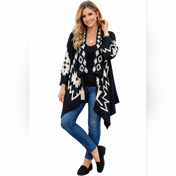 Vocal Sweaters - Aztec Cardigan Southwestern Open Front Waterfall Drape Cozy Knit Large X-Large